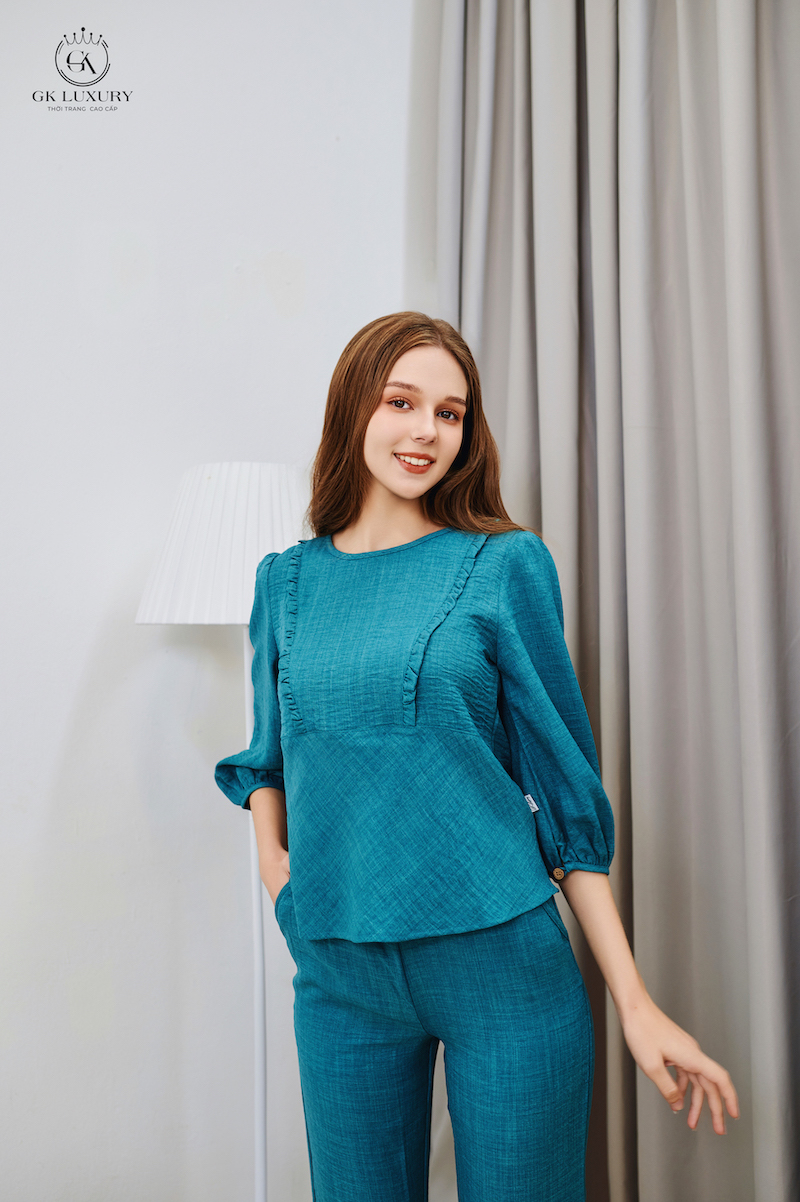 Bộ linen dài tay nhún bèo GK76